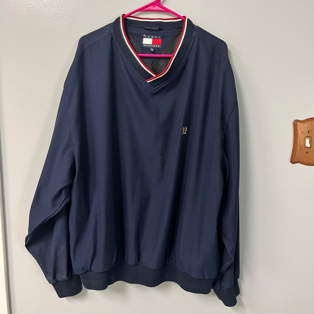 Tommy Hilfiger Mens XXL Navy Blue V-Neck Windbreaker Pullover Mesh Lined Vintage